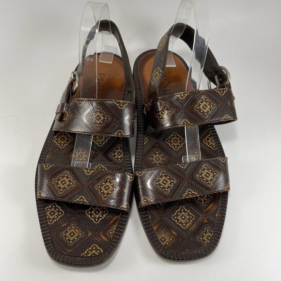 Prada Open Toe Strappy Resort Sandals Mens Size 9.5 Slingback Brown Leather Logo - Picture 9 of 9